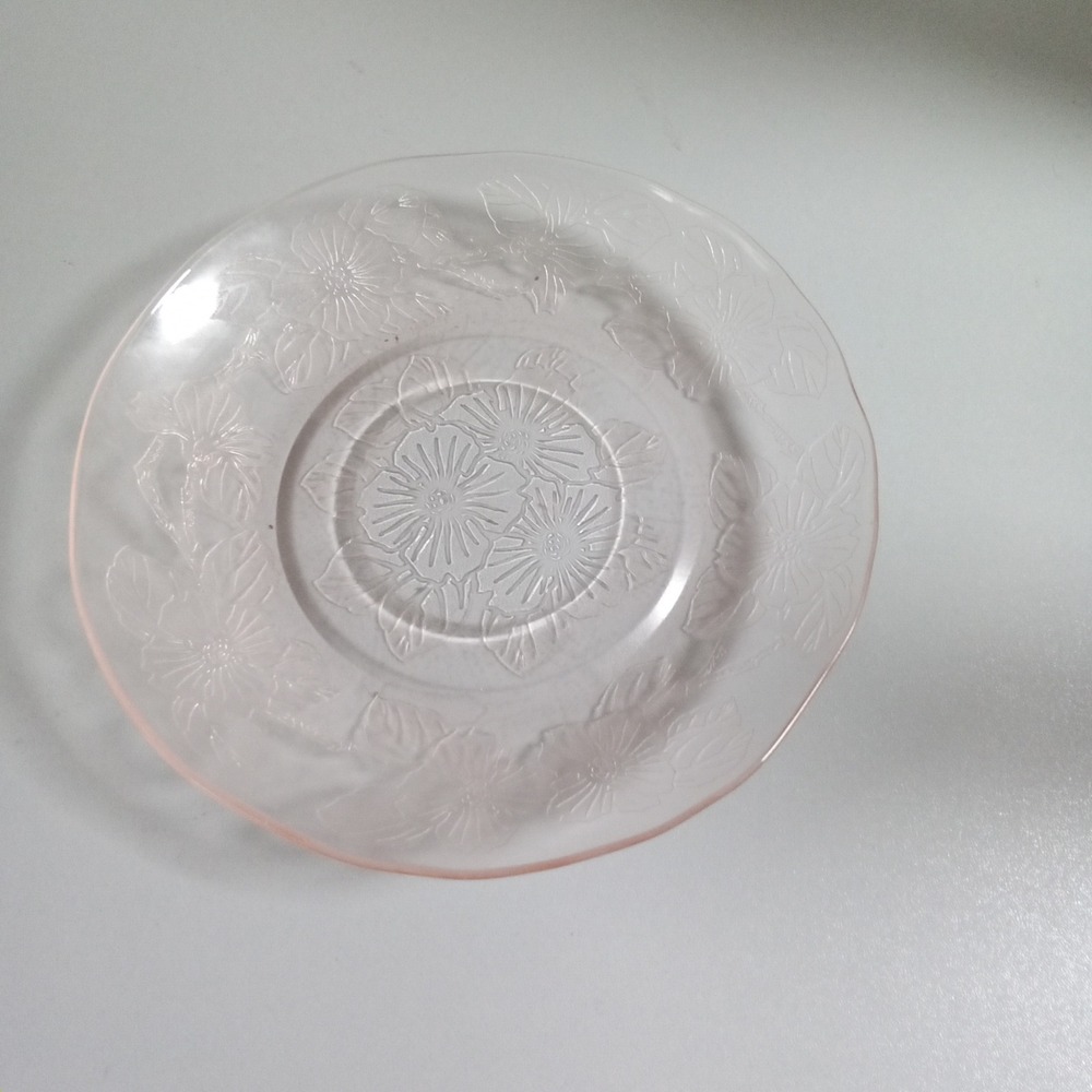 Vintage Pink Depression Glass Dogwood Floral Saucer Scalloped Edge 5.75 Inch